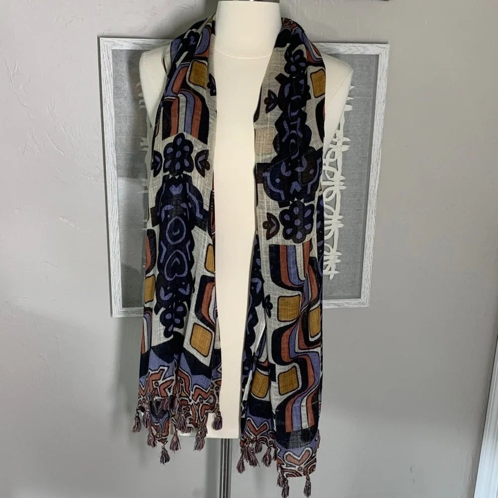 J McLaughlin tribal print scarf black, cream, yellow, blue, and rust